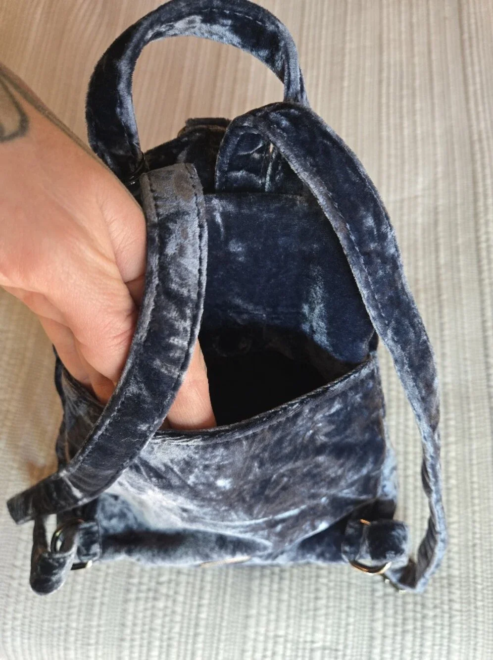 Rebecca Minkoff Dark Blue Velvet Mini Backpack with Gold Zippers